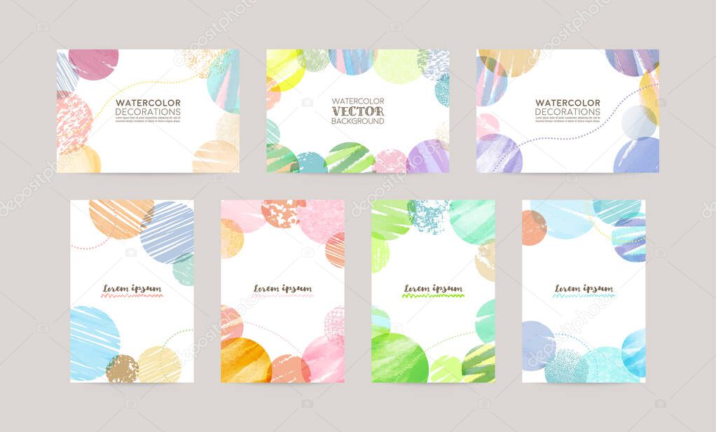 vector card design template with colorful bubbles, watercolor decoration on white background set