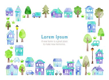 suluboya vektör el çizimi evler illüstrasyon: kart için dekorasyon çerçevesi, mavi