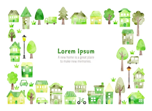 Akvarell Vektor Handritade Hus Illustration Dekoration Ram För Kort Grön — Stock vektor