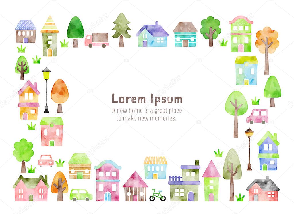watercolor vector hand drawn houses illustration: decoration frame for card