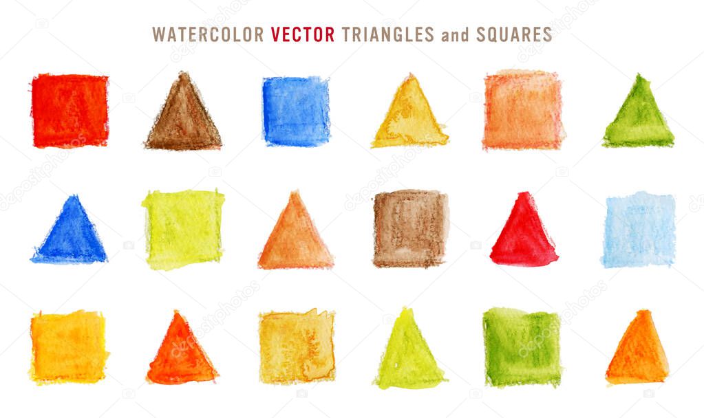 hand drawn colorful triangles and squares written by watercolor pencil