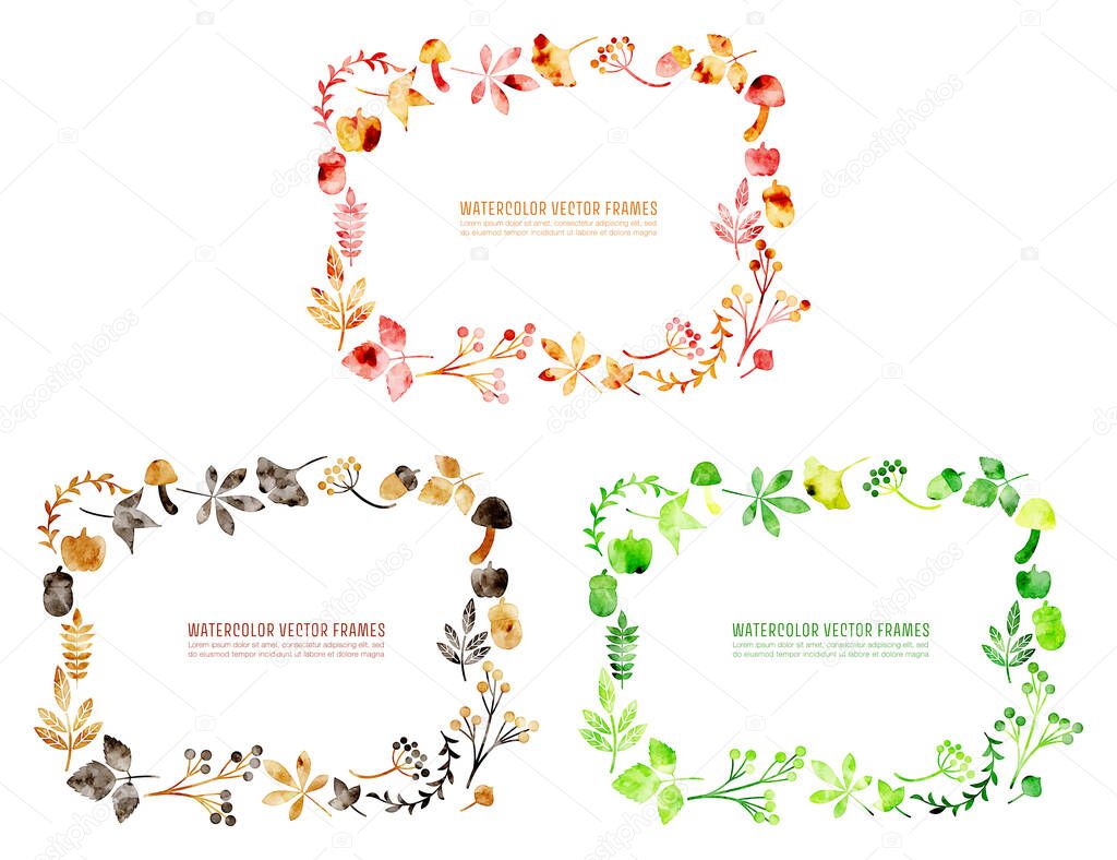 watercolor vector square frames with leaves illustration: red, brown, green