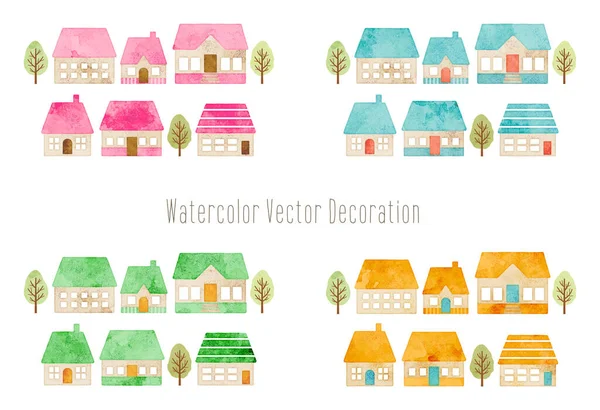 Acuarela Coloridas Casas Dibujadas Mano Árboles — Vector de stock