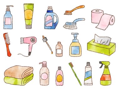 Suluboya resim seti elle çizilmiş günlük ihtiyaçlar