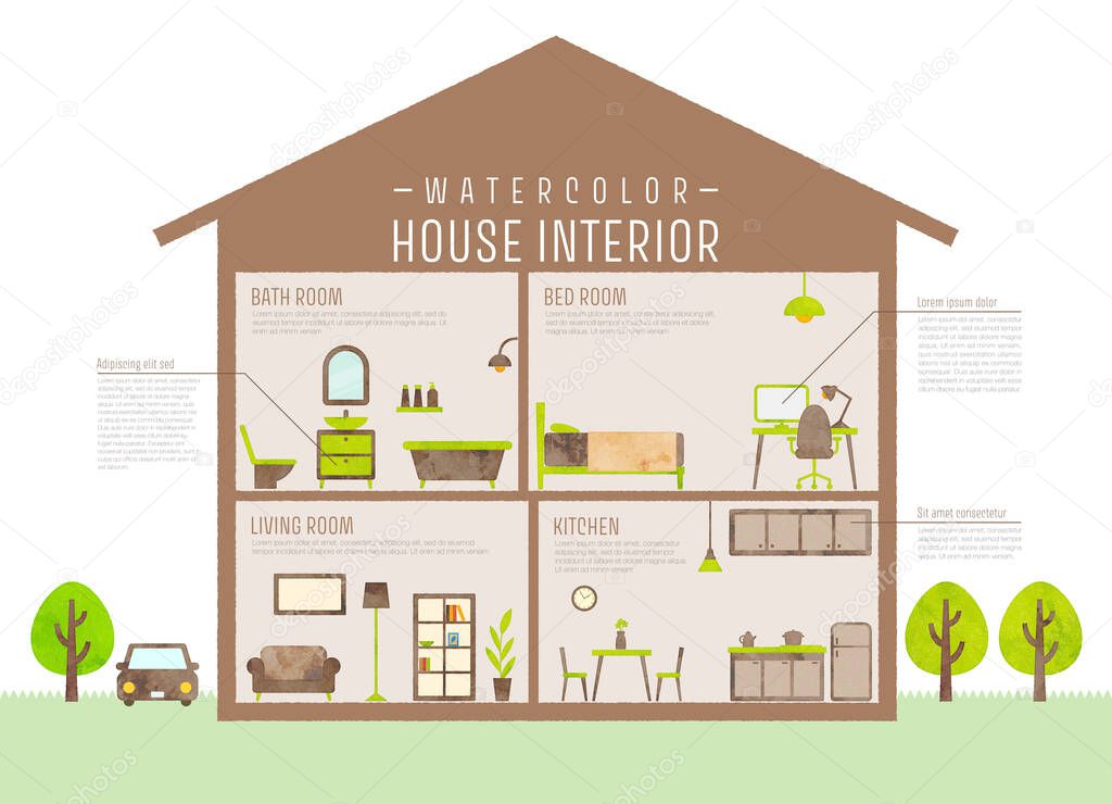 Vector watercolor house interior illustration (brown)