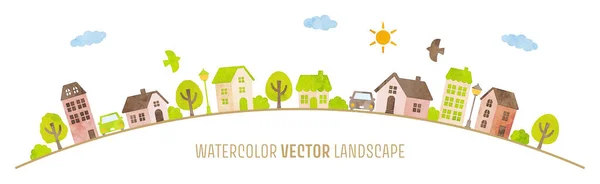 Watercolor Hand Drawn Vector Townscape Brown Green — Stock vektor