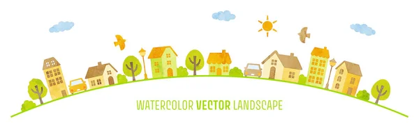 Watercolor Hand Drawn Vector Townscape Orange Green — Stock vektor