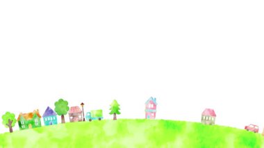 Watercolor houses and trees and clouds