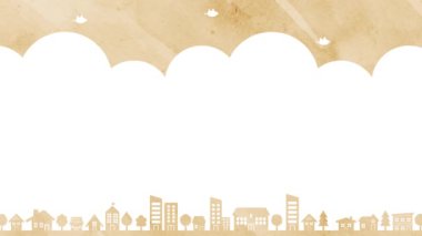 Illustration background of houses and trees and birds (beige)