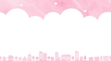 Illustration background of houses and trees and birds (pink)