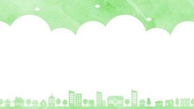 Illustration background of houses and trees and birds (green)