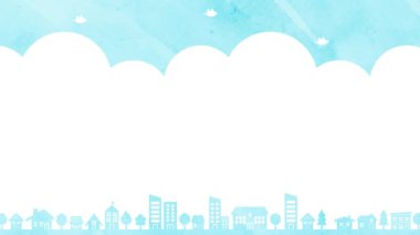 Illustration background of houses and trees and birds (blue)