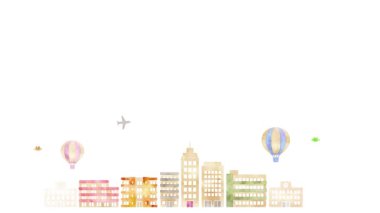 Watercolor cityscape background; white space for text