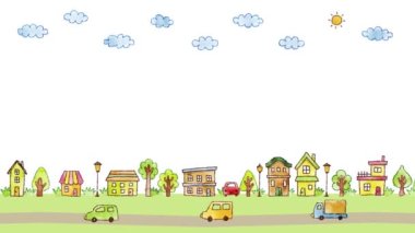 Handdrawn cityscape and car scenery background; white space for text