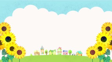 Sunflowers and houses illustration on sky background