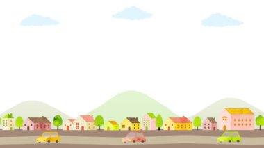 Simple townscape background, illustration of houses and cars and mountain