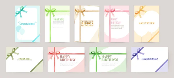 Conjunto Tarjetas Vectoriales Con Decoración Cinta Acuarela Saludos Tarjeta Cumpleaños — Vector de stock