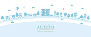 Basit kasaba dekorasyonu, vektör illüstrasyonu. Bir apartmanın çevresindeki manzara