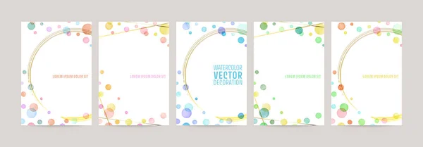 Plantilla Diseño Tarjeta Vectorial Con Burbujas Acuarela Colores Líneas Oro — Vector de stock