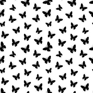 Siyah siluet kelebek deseni. Arkaplan, duvar kağıdı, afiş, ambalaj kağıdı, tekstil, kartpostallar için