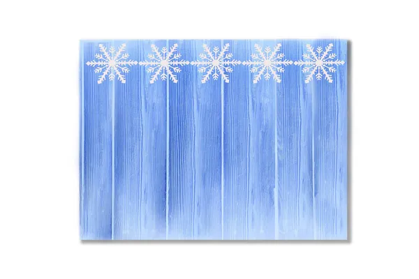 冬季木制蓝色背景 雪片顶部 白色背景上的漆木垂直板的纹理 圣诞节 新年贺卡 带有复印空间 可用于网站 小册子 印刷和设计 — 图库照片