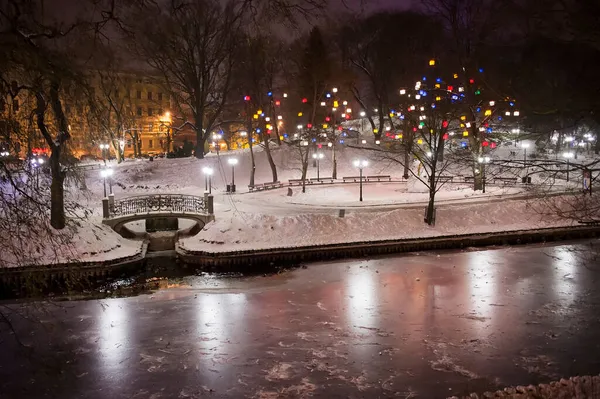 Panorama Una Noche Invierno Ciudad Iluminada Por Las Luces Calle — Foto de Stock