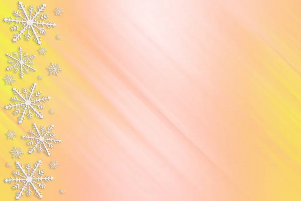 Téli Sárga Rózsaszín Telített Fényes Gradiens Háttér Véletlenszerű Hópelyhek Oldalirányban — Stock Fotó