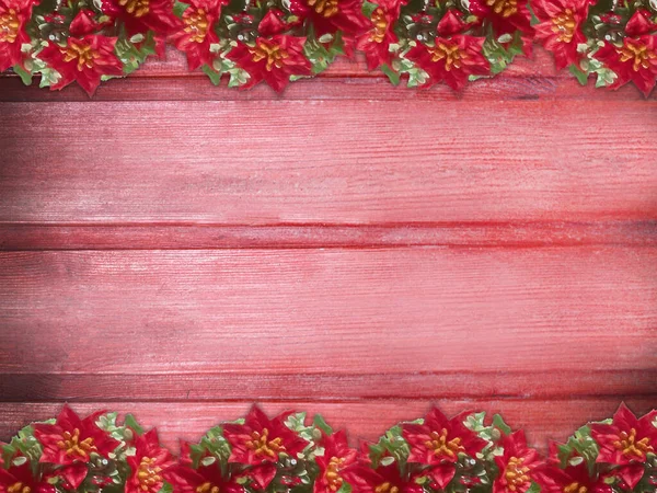 Inverno Rosa Legno Rosa Rosso Fragola Natura Sfondo Con Poinsettia — Foto Stock