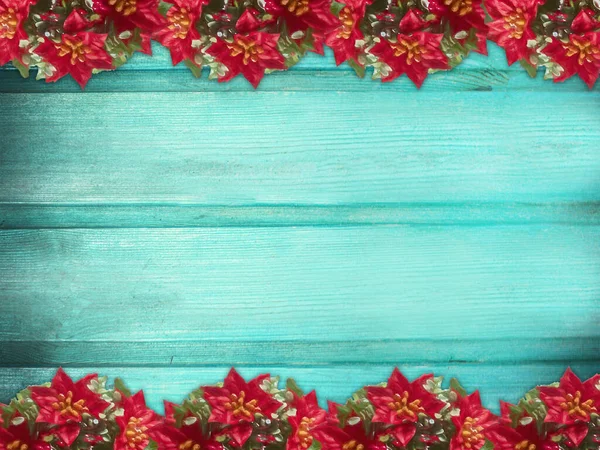 Winter Wooden Blue Turquoise Nature Background Poinsettia Two Sides Texture — Stockfoto