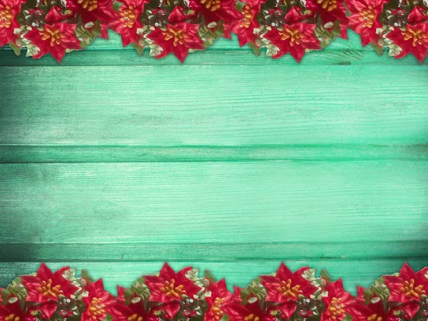 Winter Wooden Green Mint Turquoise Nature Background Poinsettia Two Sides — Stockfoto