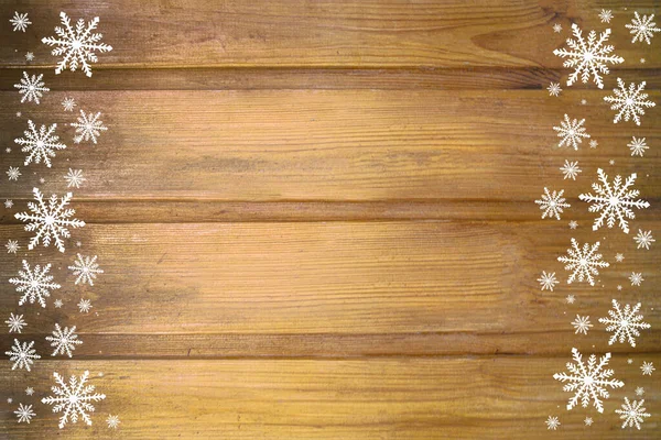 Winter Holz Beige Gelb Braun Natur Hintergrund Mit Schneeflocken Zwei — Stockfoto