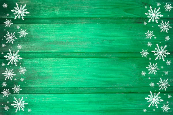 Зимовий Дерев Яний Зелений Ятний Фон Природи Сніжинками Двох Сторін — стокове фото