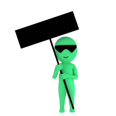 Gözlüklü bir insanın boş bir levhayı tutarken 3D görüntüsü beyaz üzerine izole edilmiş