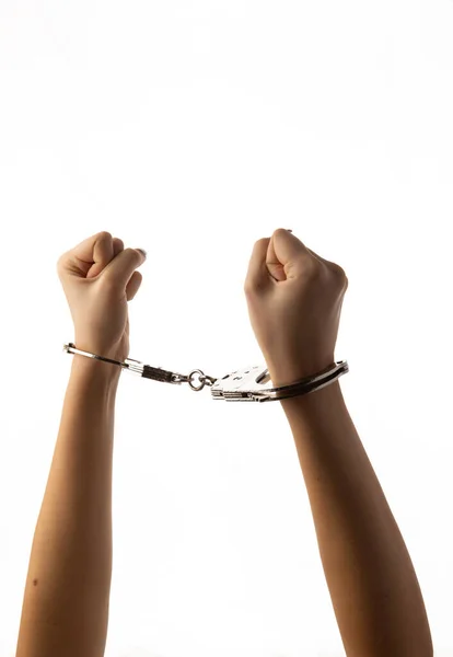 Handcuffed Female Hands Isolated White Background — Stock Photo, Image