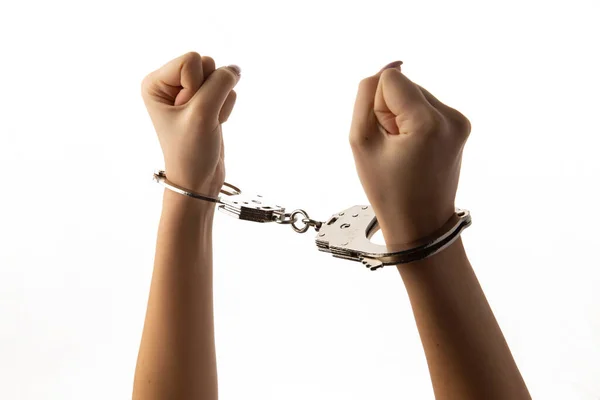 Handcuffed Female Hands Isolated White Background — Stock Photo, Image