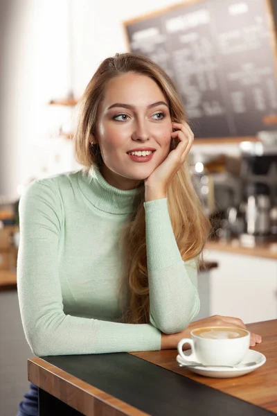 Beautiful Girl Cafe Drinks Coffee Selective Focus — Stock Photo, Image