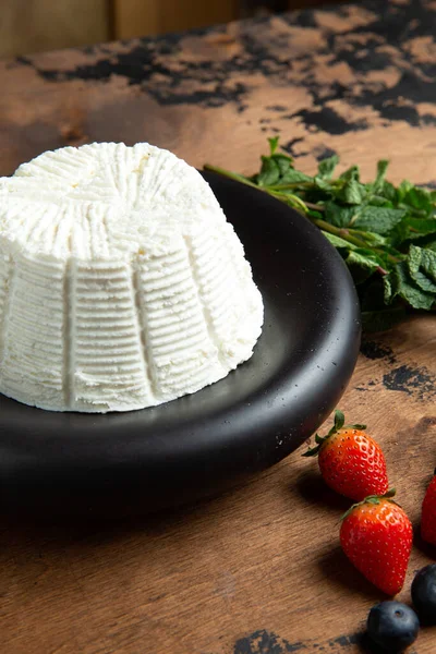 Ricotta Cheese Plate Wooden Table Selective Focus — Foto Stock