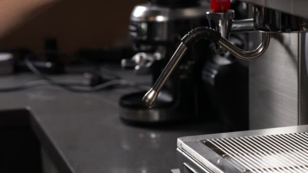 Nahaufnahme Professionelle Barista Erwärmung Milch Metallkanne Mit Dampf Der Kaffeemaschine — Stockvideo
