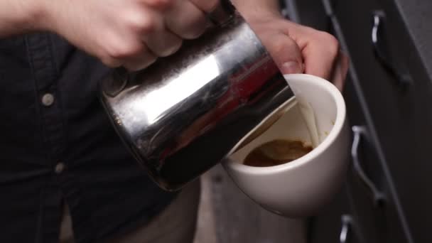 Close Barista Pours Milk Cappuccino Latte Selective Focus — Stockvideo