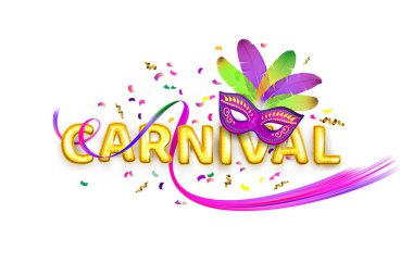 Beyaz arka planda parti unsurları süslenmiş renkli karnaval harfleri. Başlık veya afiş tasarımı