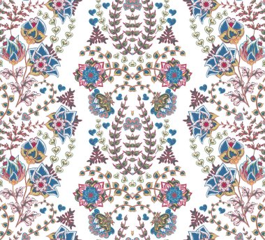 Çizgili, kusursuz desenli ve harika çiçekli. Mavi pembe renkte klasik çiçek süsü. Çiçek duvar kağıdı. Kumaş, tekstil, ambalaj kağıdı için dekoratif süs