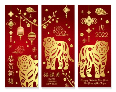 Çin Yeni Yılı için kaplanlı pankart seti. Hiyeroglif çevirisi: Mutlu yıllar, mutluluk, refah uzun yaşam, kaplan. 2022.