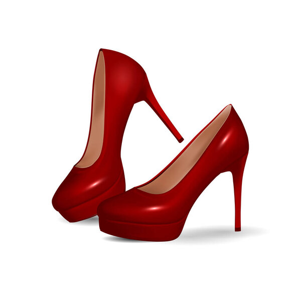 Modern fashionable red platform shoes. High, thin heel. Stilettos. High quality realistic vector object. 3d illustration,