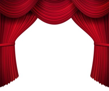 Tiyatro için kırmızı sahne perdesi, opera sahnesi perde arkası, konser büyük açılışı ya da sahne arkası sinema prömiyeri, tören için portatif performans izole şablonu, gerçekçi 3d vektör çizimi,