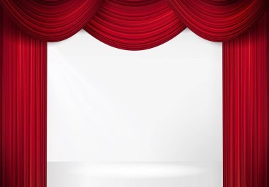 Tiyatro için kırmızı sahne perdesi, opera sahnesi perde arkası, konser büyük açılışı ya da sahne arkası sinema prömiyeri, tören için portatif performans izole şablonu, gerçekçi 3d vektör çizimi,
