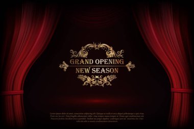Tiyatro veya operada Vector Premium kırmızı perdeler. Koyu kırmızı perde sahnesi zarif ve basit bir metinle. Poster için zarif vektör arkaplanı. Klasik podyum.