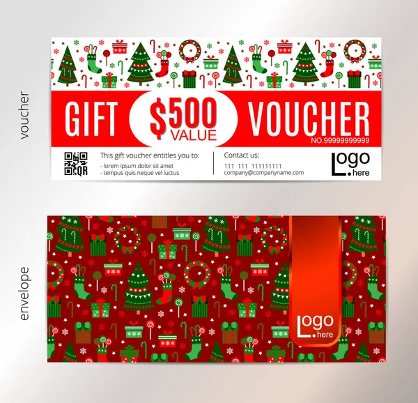 Red christmas and new year gift voucher certificate coupon template. Use for business shopping card, customer sale and promotion, layout, banner, web design. Vector illustration — Stock Vector