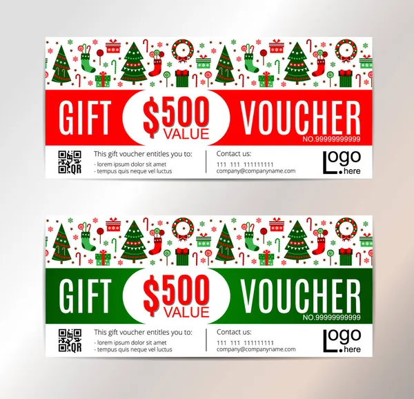 Set di modelli di voucher di Natale con icone piatte per le vacanze. Illustrazione vettoriale. Concetto di Capodanno. Stagione Saluti. — Vettoriale Stock
