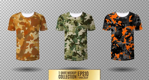 Hemden im Militärstil für Männer. Eine Reihe von T-Shirts wird nachgeahmt. Tarnung. Vektor realistisch, 3D-Illustration — Stockvektor
