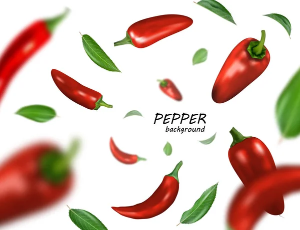 Many red chili peppers free falling on white background. Realistic vector, 3d illustration — Stock Vector